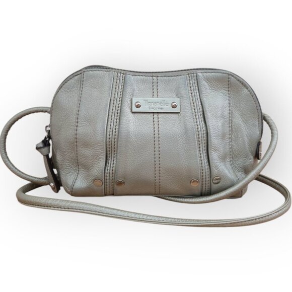 Tignanello Metallic Gray Pebbled Leather 3 Compartment Crossbody Bag - Picture 1 of 8
